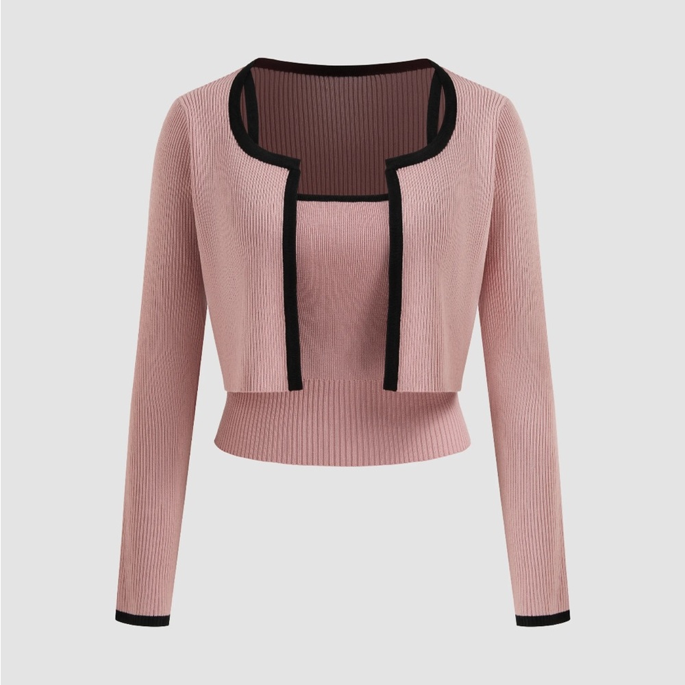 Pink Ribbed Cardigan and Tank Set